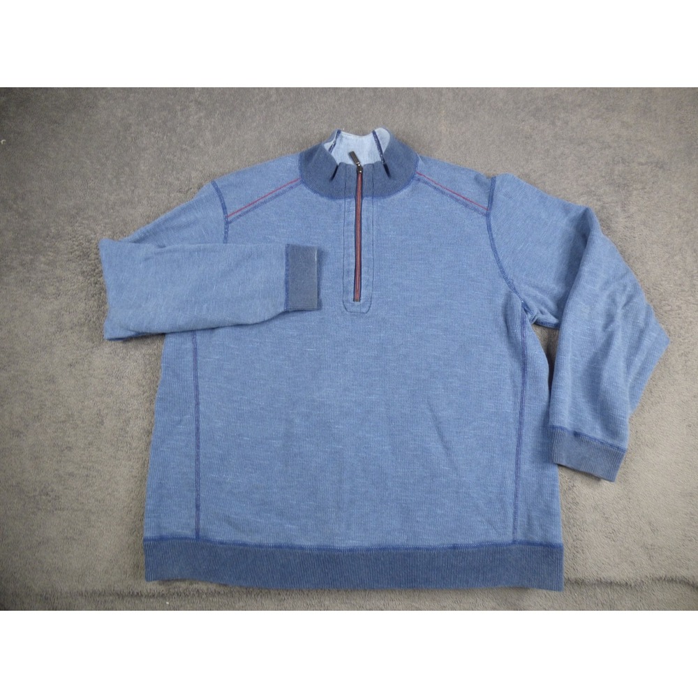 Tommy Bahama Mens Blue Marled Quarter Zip Pullover Sweater Marlin Logo XL - Picture 1 of 7